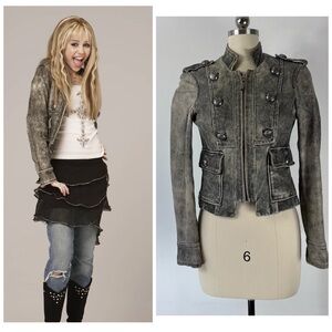 ASO Hannah Montana Miley Cyrus Gray Distressed Leather Military Jacket XS